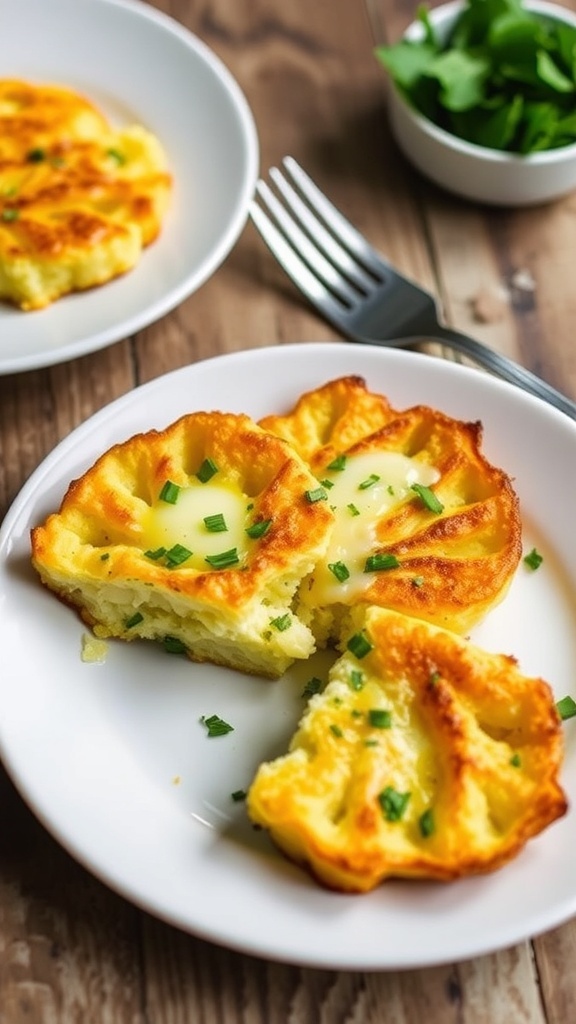 A slice of cheesy cauliflower egg bake on a plate, garnished with herbs, with a rustic table setting.